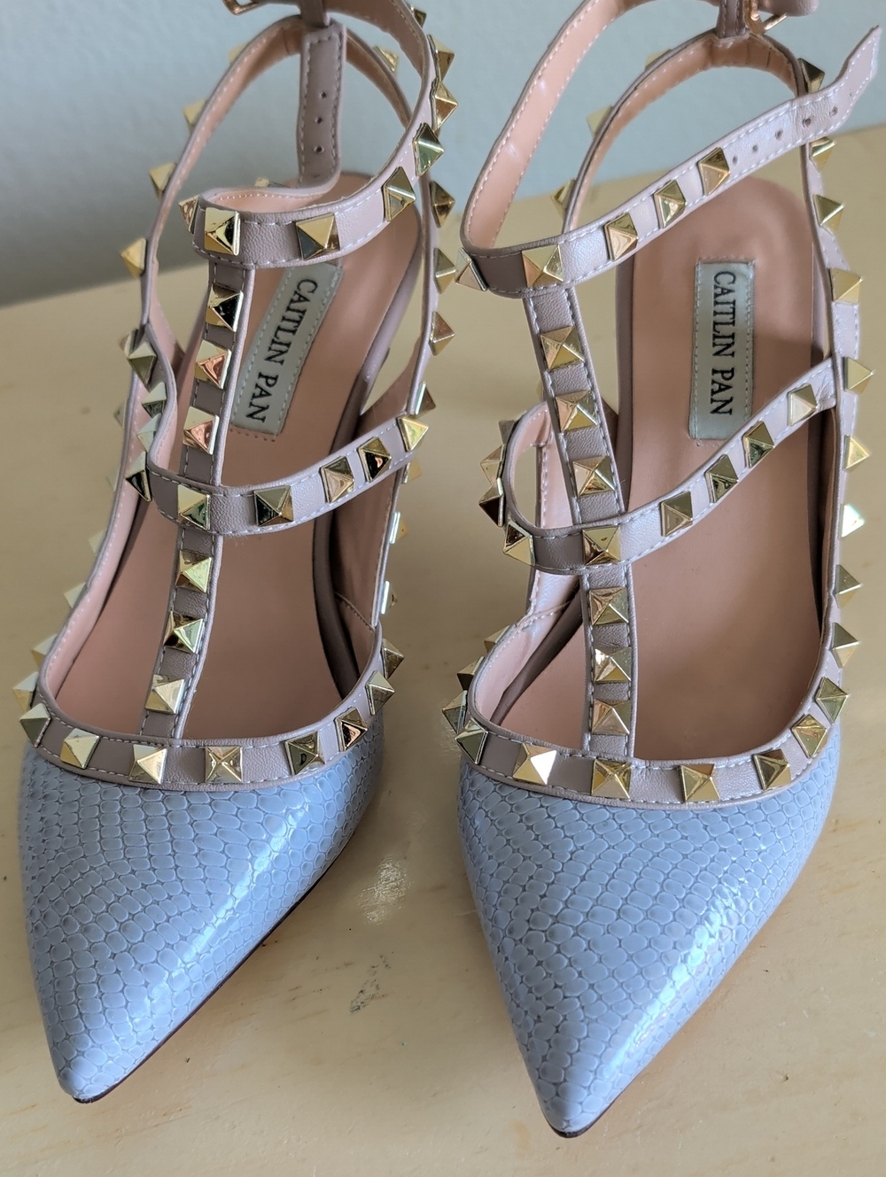 Women's Studded Strappy Pointed-Toe Heels in Light Blue